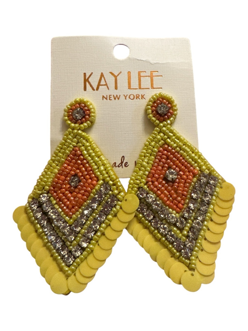 Kay Lee New York Yellow Coral Beaded Rhinestone Statement Earrings - Picture 2 of 6